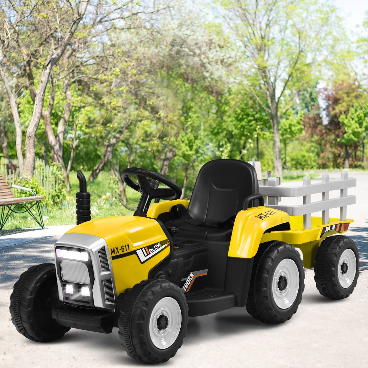 Electric Tractor with Trailer for Children 3 Speeds LED Lights Functions o USB and Bluetooth Yellow/Pink/Red/Green/Dark Green/Black -