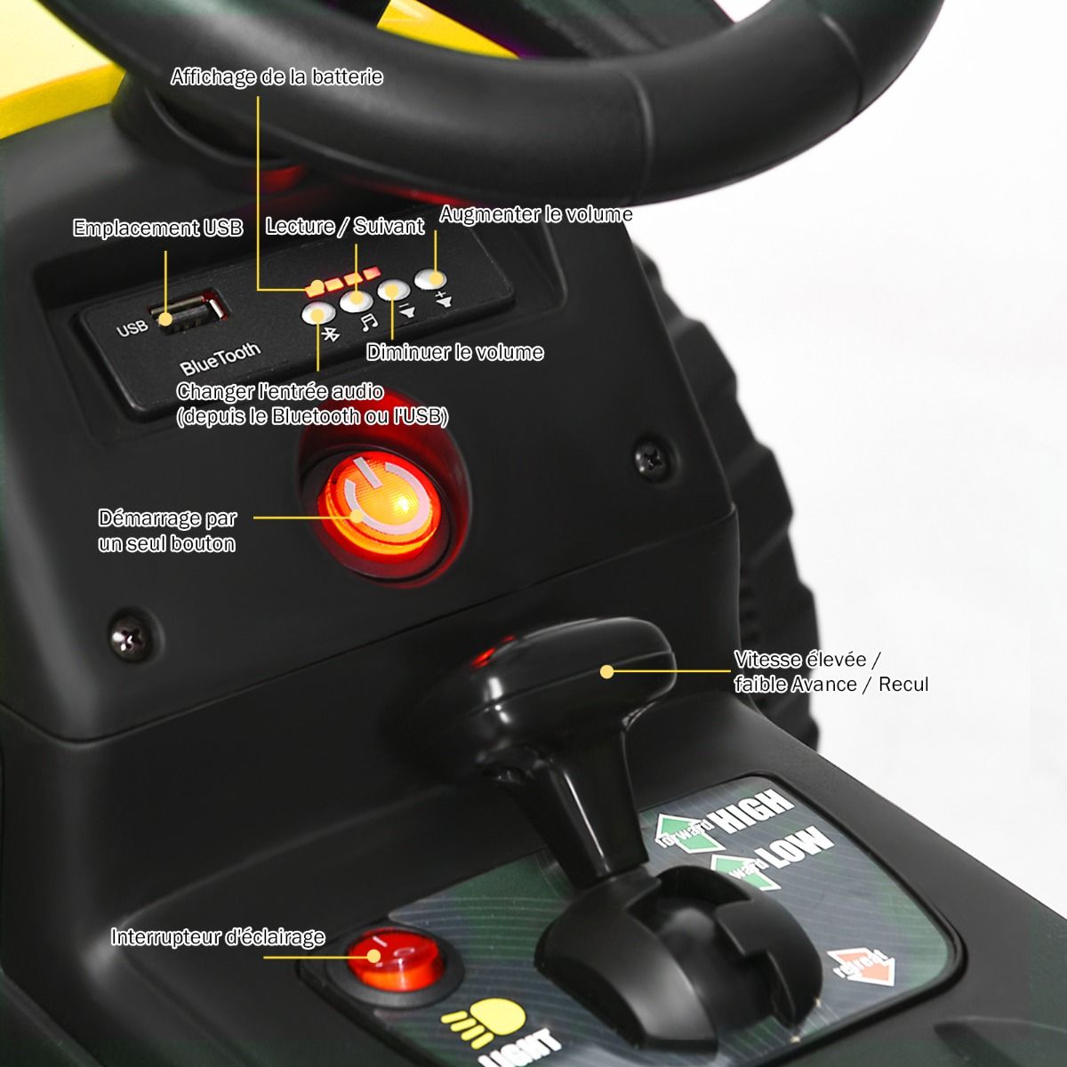 Electric Tractor with Trailer for Children 3 Speeds LED Lights Functions o USB and Bluetooth Yellow/Pink/Red/Green/Dark Green/Black -