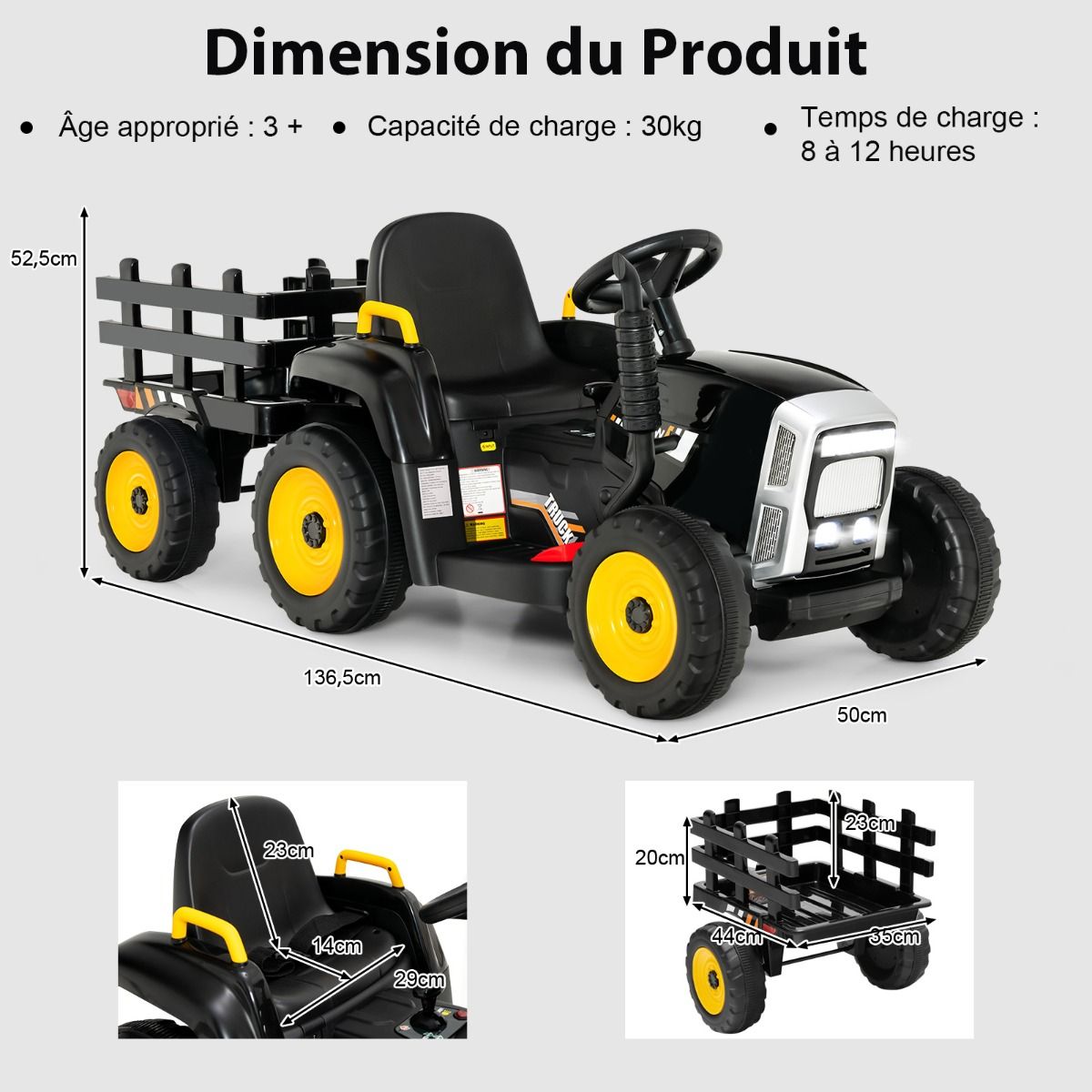 Electric Tractor with Trailer for Children 3 Speeds LED Lights Functions o USB and Bluetooth Yellow/Pink/Red/Green/Dark Green/Black -