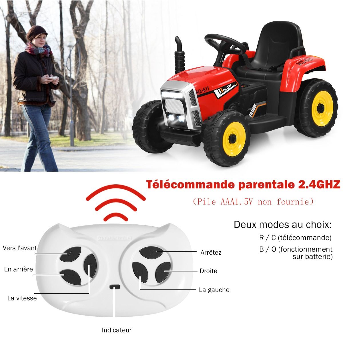 Electric Tractor with Trailer for Children 3 Speeds LED Lights Functions o USB and Bluetooth Yellow/Pink/Red/Green/Dark Green/Black -