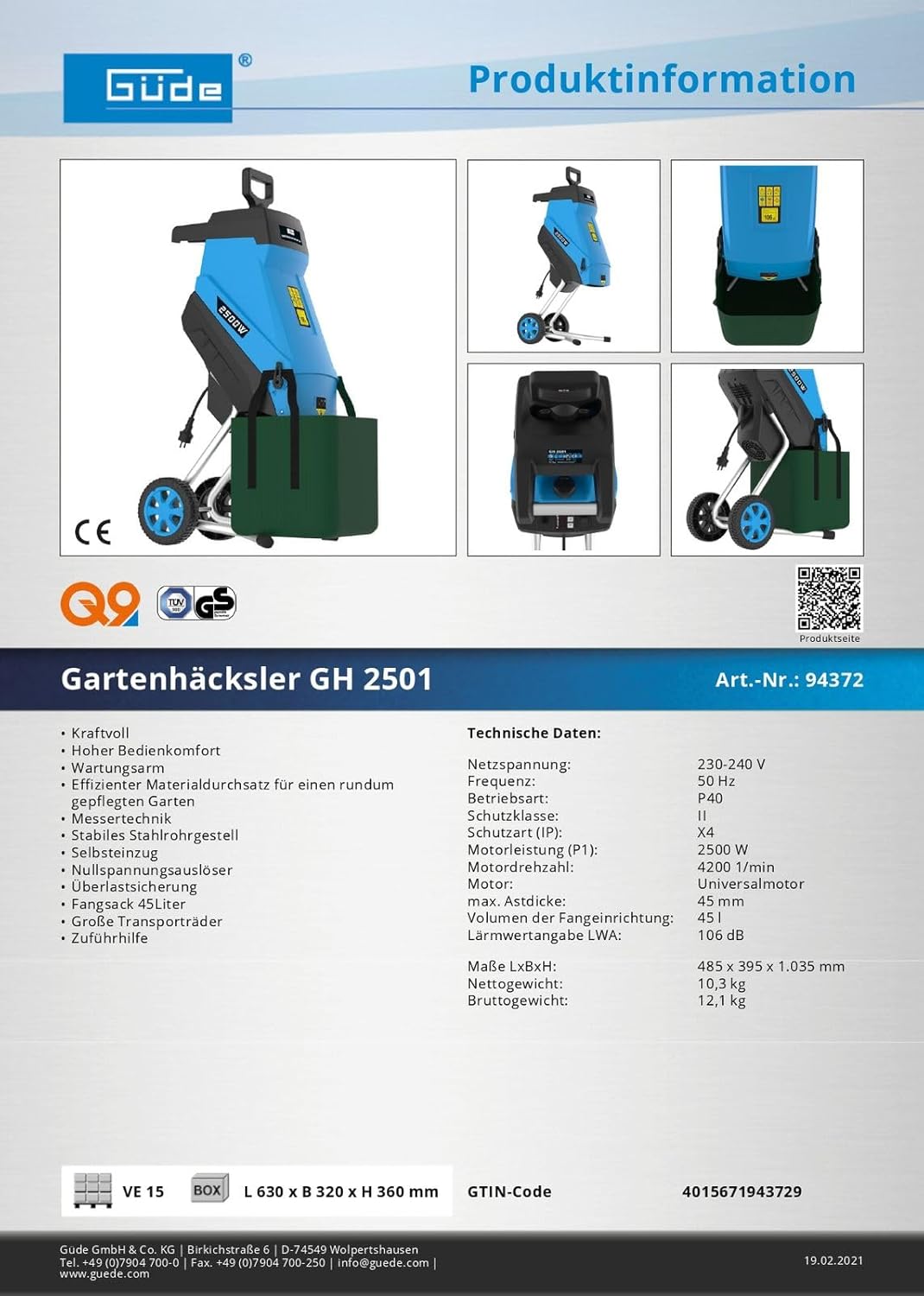 Güde 94372 GH 2501 Garden chopper with automatic suspension arm 45 l, Blue