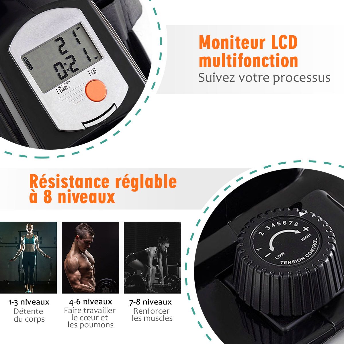 Foldable Magnetic Rowing Machine 8 Resistance Levels Digital LCD Display Weight Supported 100 KG for Home and Office -