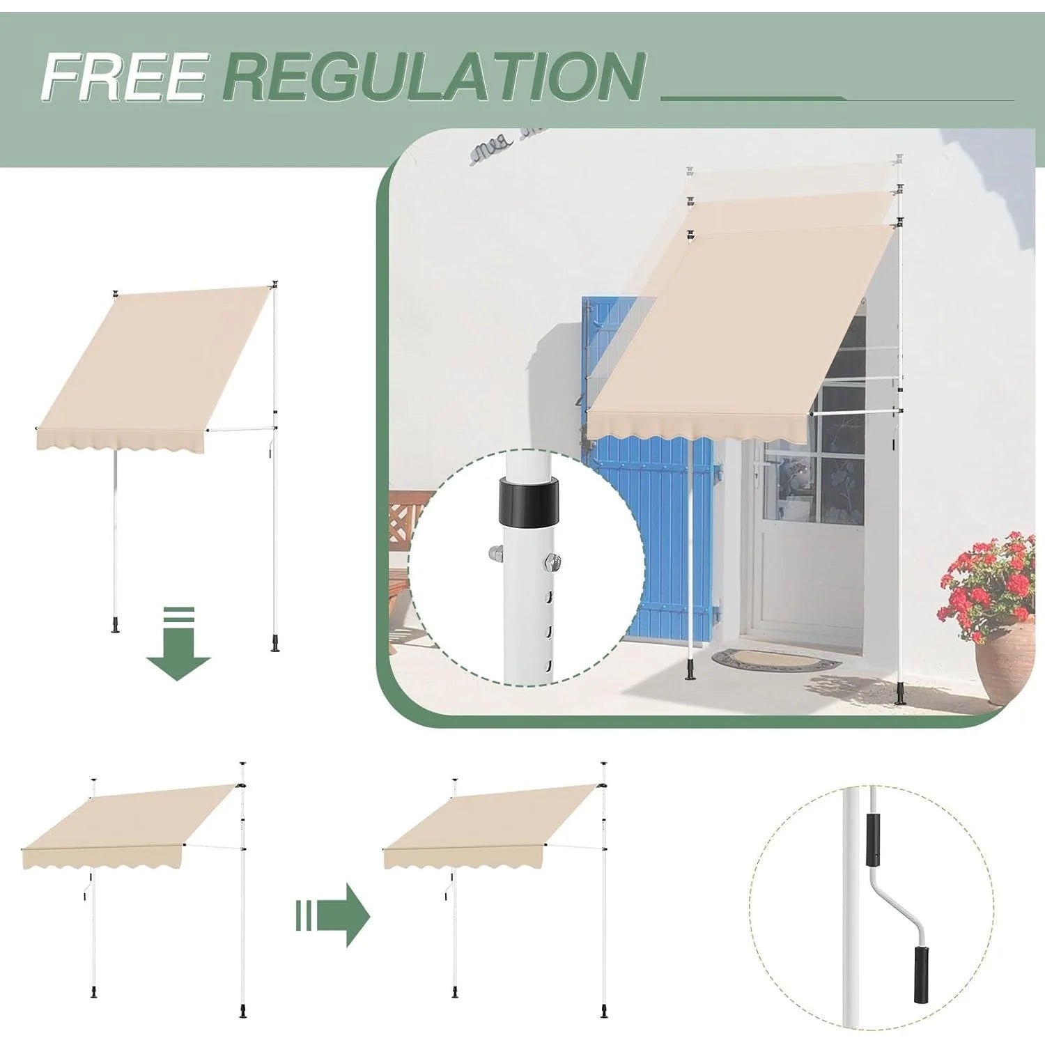 AECOJOY Manual Retractable Awning, 78" Non-Screw Outdoor Patio Awning, Beige - Product image 6