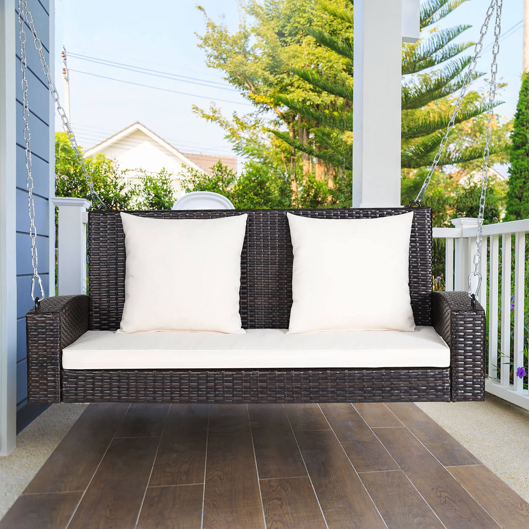 Costway 2-Person Patio Rattan Hanging Porch Swing Bench Chair Cushion Turquoise, Blue - Product image 1