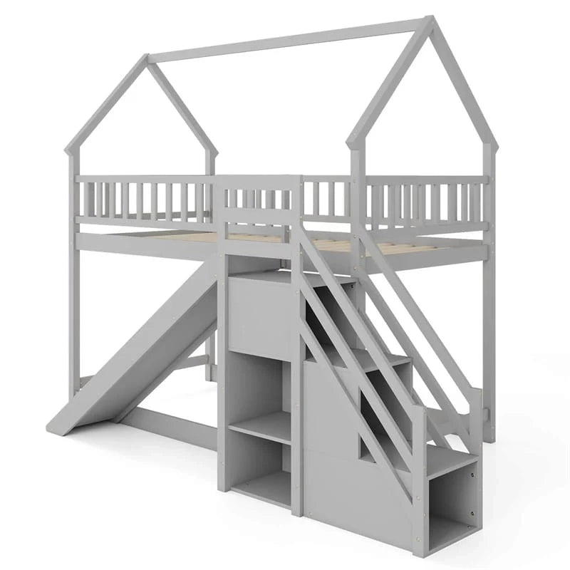 Twin Over Twin Bunk Bed House Design with Slide, Staircases & Storage Compartments, No Box Spring Needed - Product image 3