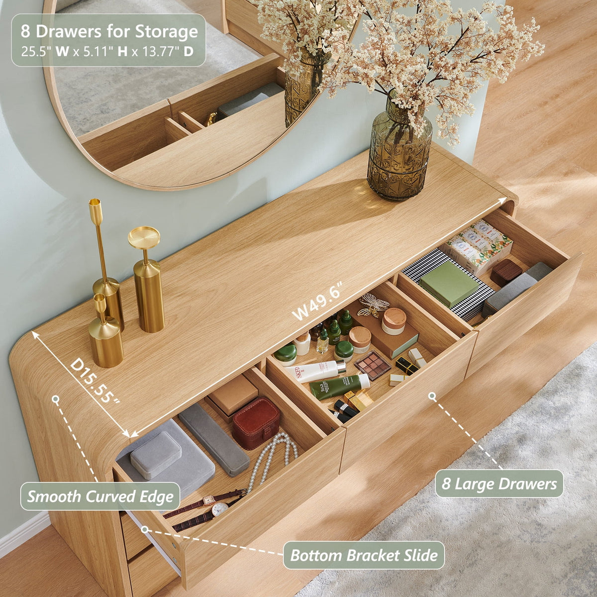Wow97e Modern 8 Drawers Dresser for Bedroom, 55" Wide Wood Chest of Drawers W/Curved Profile Design - Product image 3