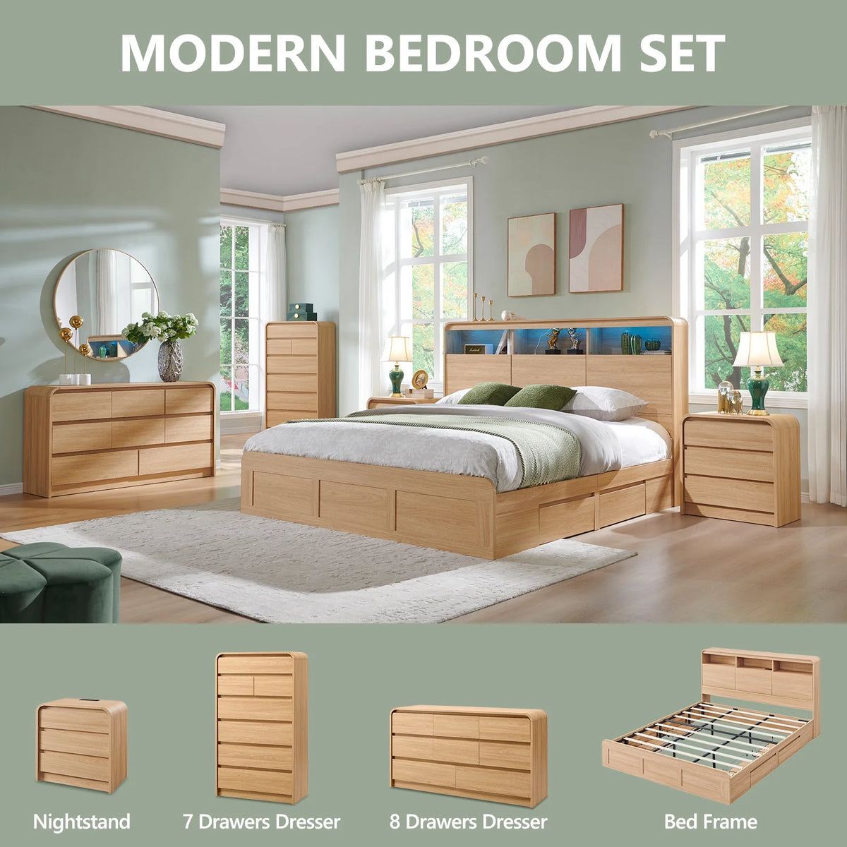 Wow97e Modern 8 Drawers Dresser for Bedroom, 55" Wide Wood Chest of Drawers W/Curved Profile Design - Product image 6