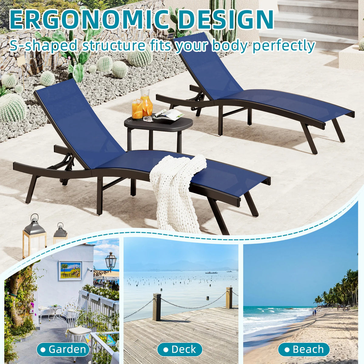 AECOJOY Outdoor Chaise Lounge, All Weather Pool Lounge Chairs Ergonomic Design (Navy, 2 PCs) - Product image 6