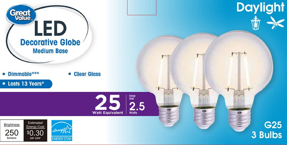 Great Value LED Light Bulb G25 25W Daylight 3 Pack, Clear - Product image 1