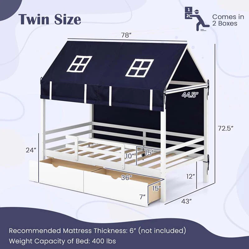 Twin House Bed with Storage Drawers & Dustproof Tent, Solid Wood Montessori Bed Frame with House Roof & - Product image 9