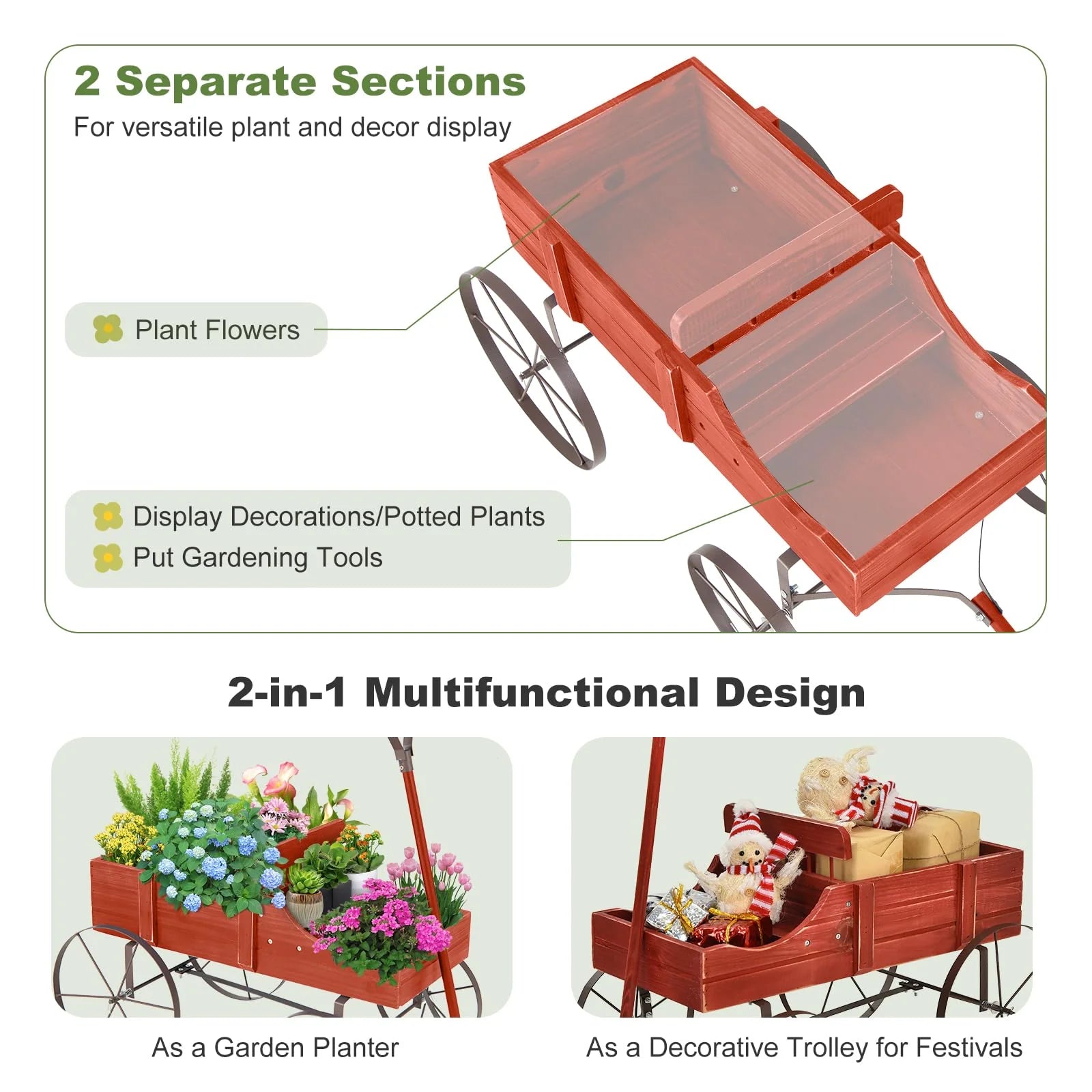 Rustic Wooden Wagon Planter, Decorative Garden Flower Cart with Metal Wheels & Adjustable Handle - Product image 13