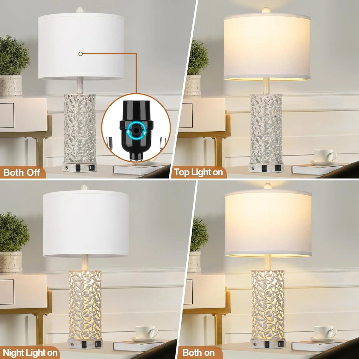 Cinkeda Table Lamp Set of 2 for Living Room Bedroom with USB Ports AC Outlet 3 Way Dimmable Touch - Product image 4