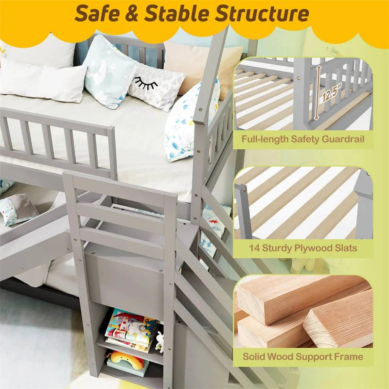 Twin Over Twin Bunk Bed House Design with Slide, Staircases & Storage Compartments, No Box Spring Needed - Product image 5
