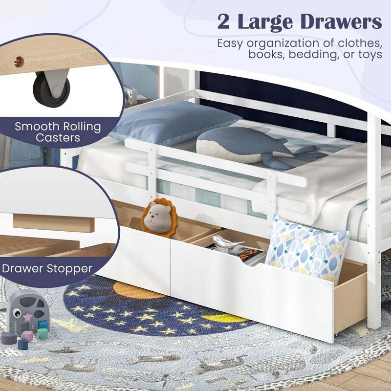 Twin House Bed with Storage Drawers & Dustproof Tent, Solid Wood Montessori Bed Frame with House Roof & - Product image 8