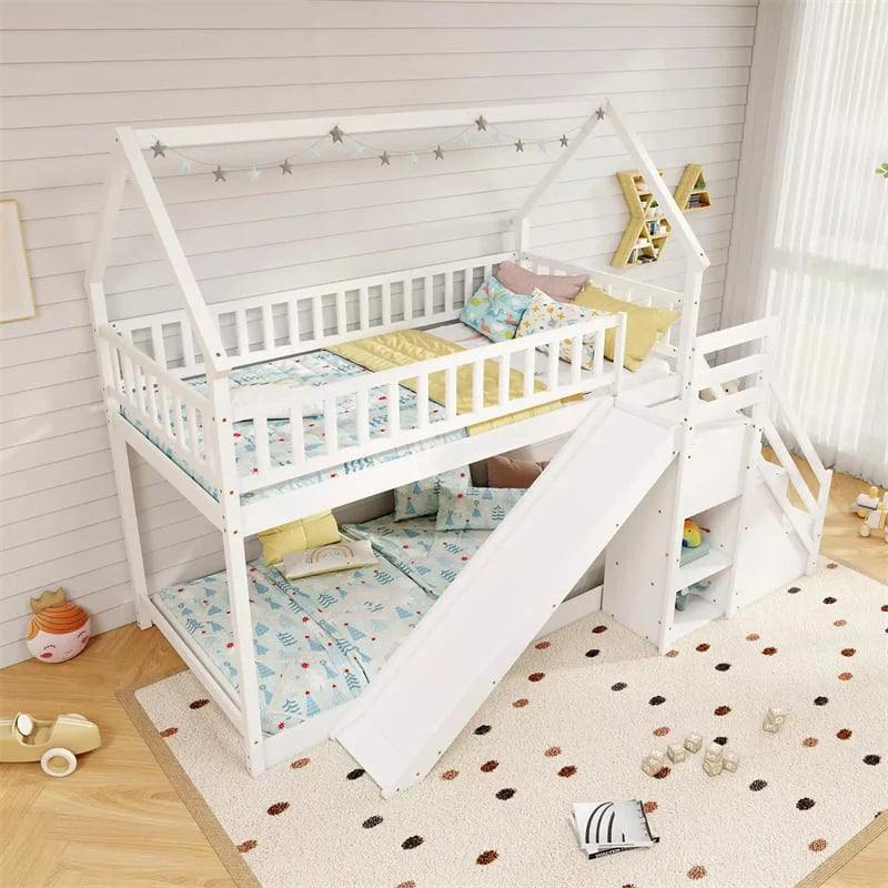 Twin Over Twin Bunk Bed House Design with Slide, Staircases & Storage Compartments, No Box Spring Needed - Product image 11