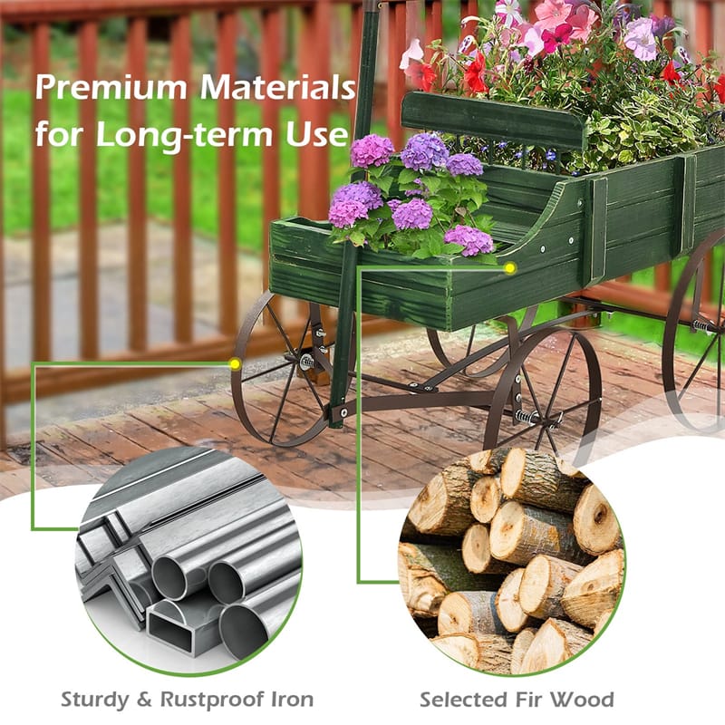 Rustic Wooden Wagon Planter, Decorative Garden Flower Cart with Metal Wheels & Adjustable Handle - Product image 31
