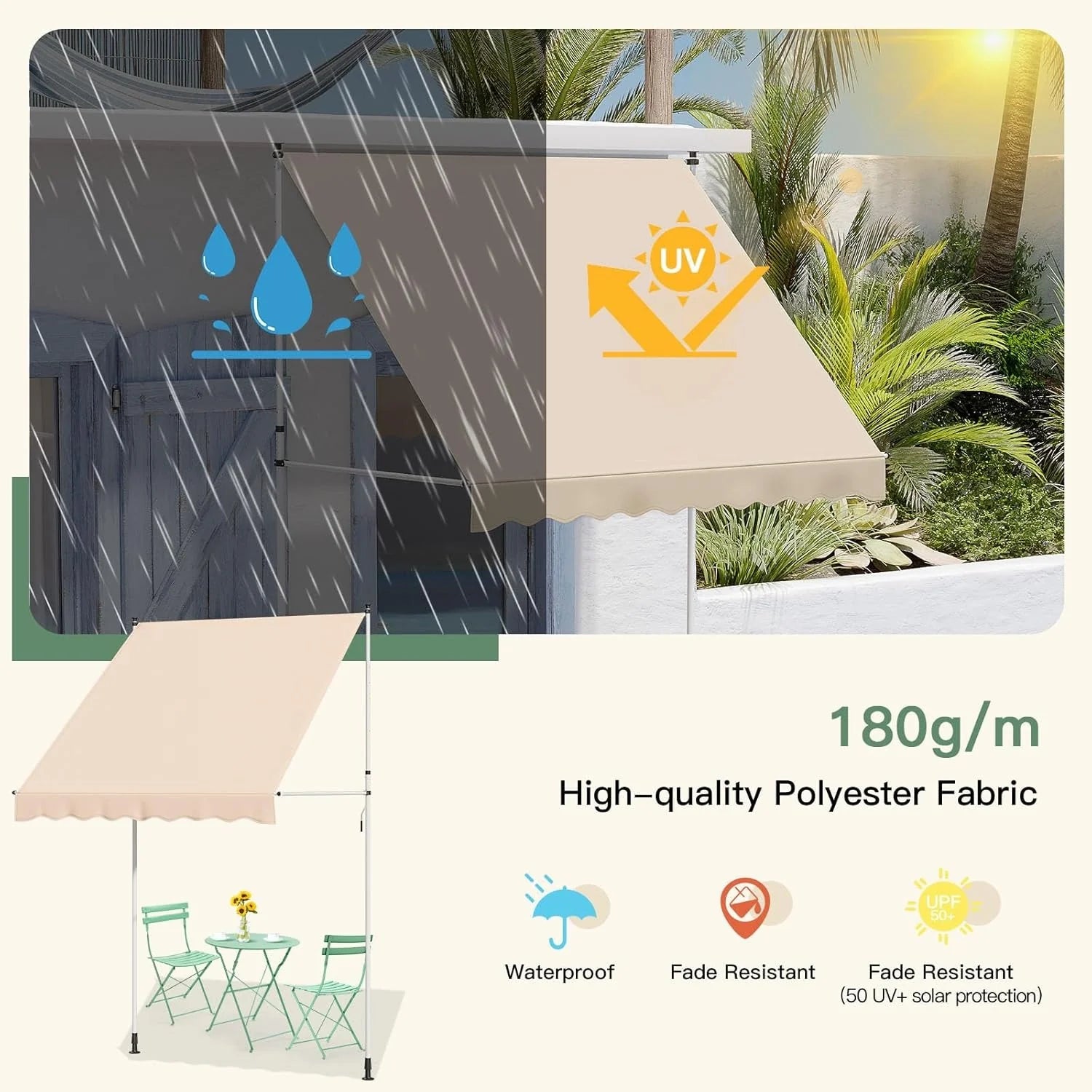 AECOJOY Manual Retractable Awning, 78" Non-Screw Outdoor Patio Awning, Beige - Product image 7