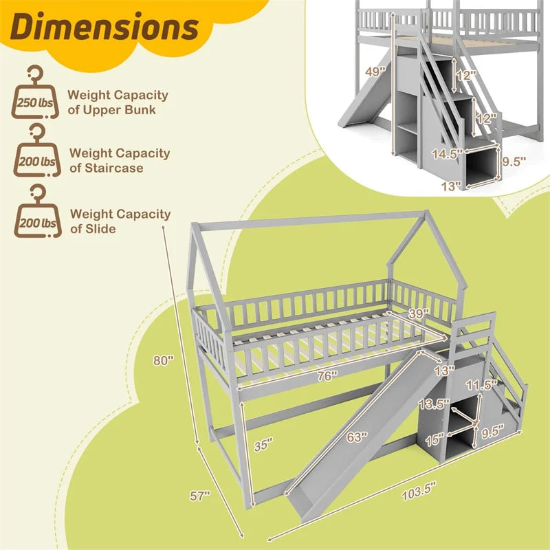 Twin Over Twin Bunk Bed House Design with Slide, Staircases & Storage Compartments, No Box Spring Needed - Product image 4