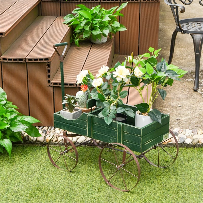 Rustic Wooden Wagon Planter, Decorative Garden Flower Cart with Metal Wheels & Adjustable Handle - Product image 28