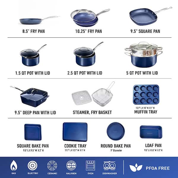 Classic Blue 20 - Piece Aluminum Ultra - Durable Non - Stick Diamond Infused Cookware and Bakeware Set