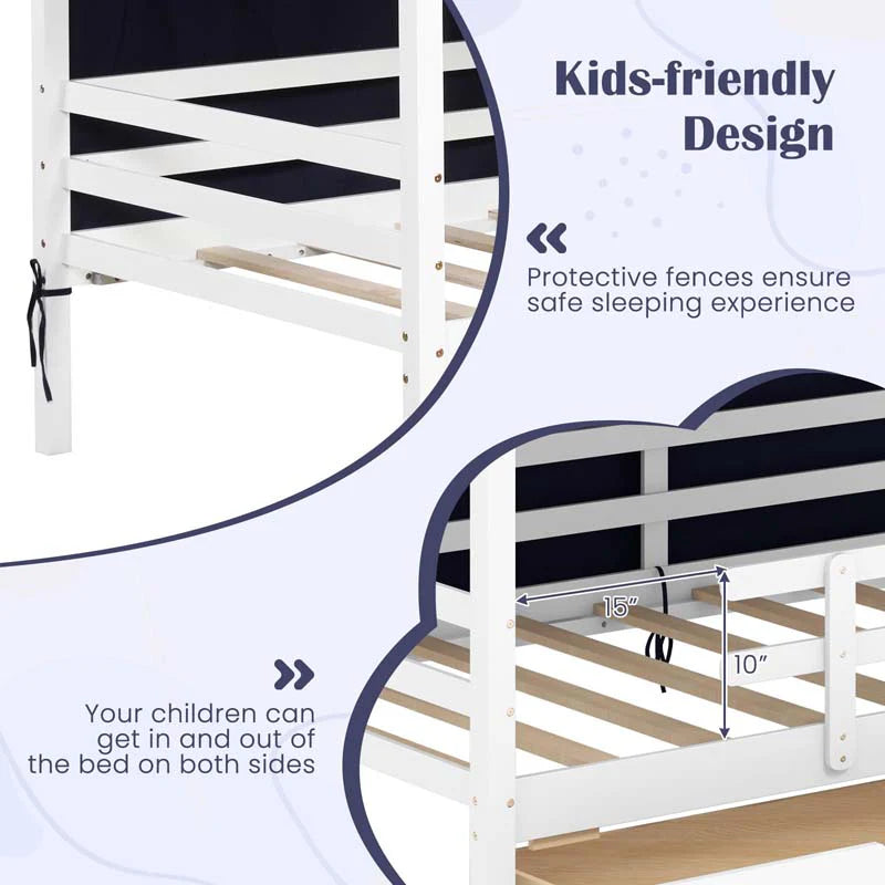 Twin House Bed with Storage Drawers & Dustproof Tent, Solid Wood Montessori Bed Frame with House Roof & - Product image 7