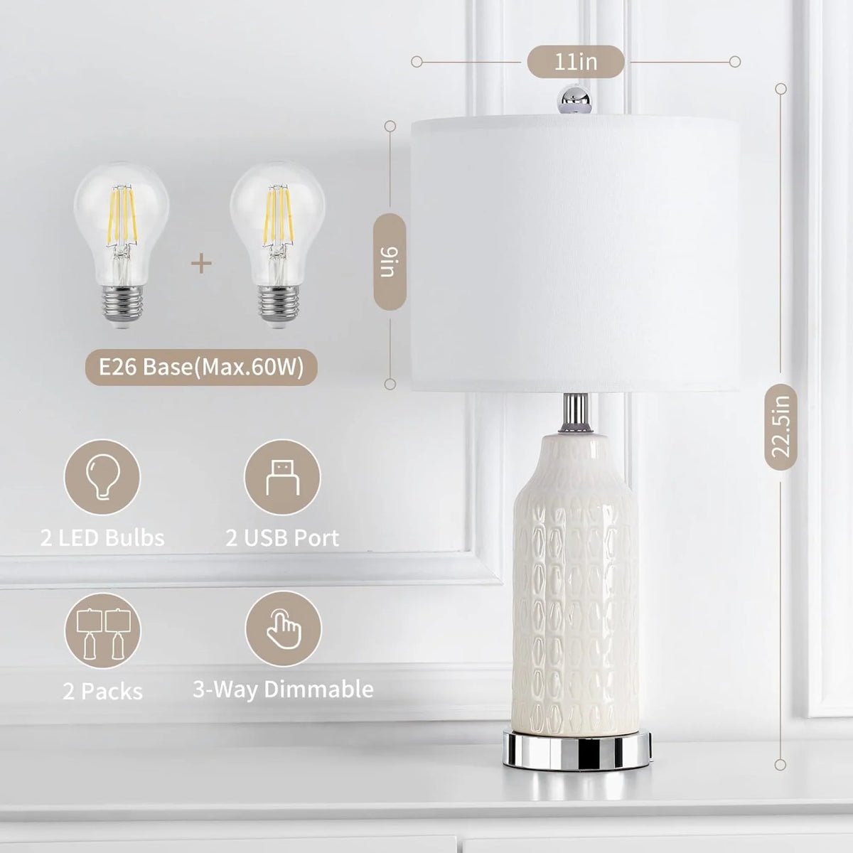 Cinkeda Table Lamp Set of 2 for Living Room Bedroom with USB Ports AC Outlet 3 Way Dimmable Touch - Product image 21