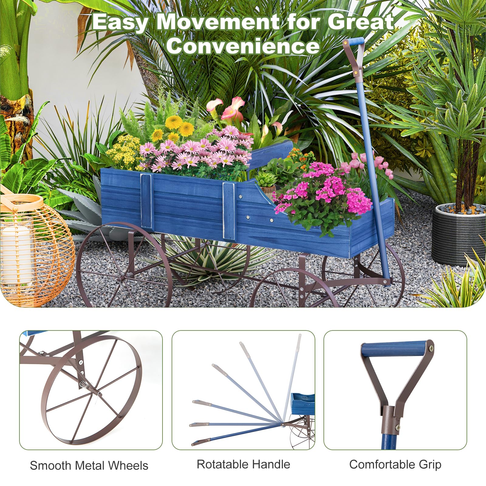 Rustic Wooden Wagon Planter, Decorative Garden Flower Cart with Metal Wheels & Adjustable Handle - Product image 7