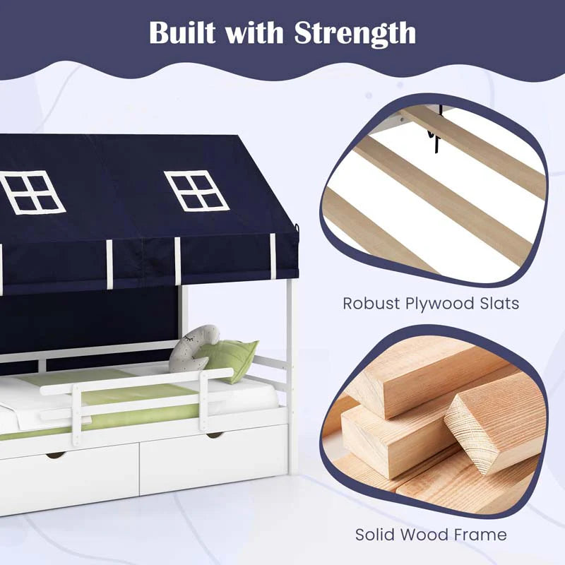 Twin House Bed with Storage Drawers & Dustproof Tent, Solid Wood Montessori Bed Frame with House Roof & - Product image 6