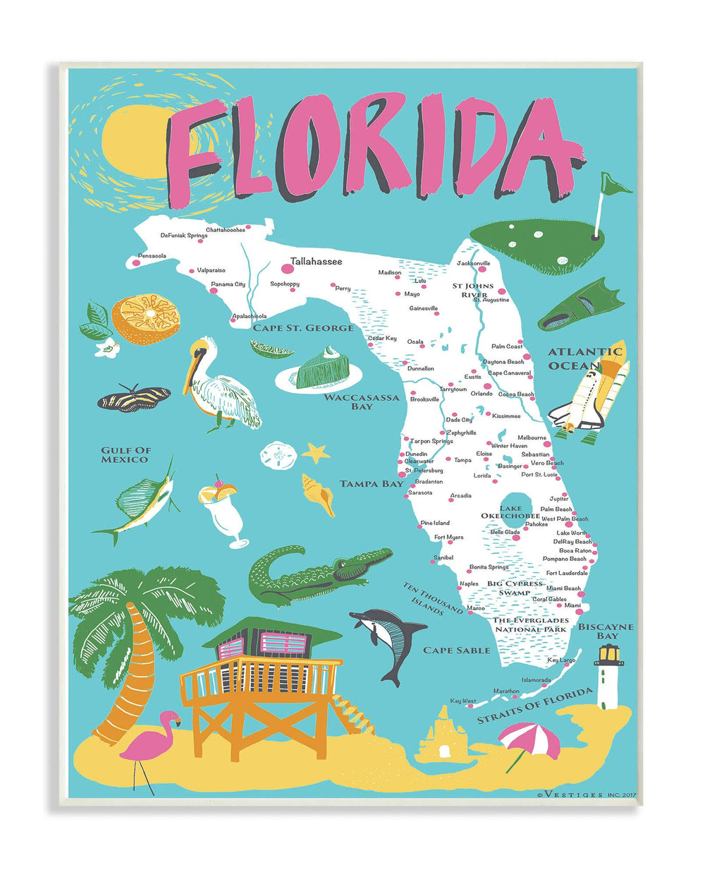 The Stupell Home Decor Collection Florida Teal Blue and Pink Illustrated scenic Map Poster Wall Plaque Art