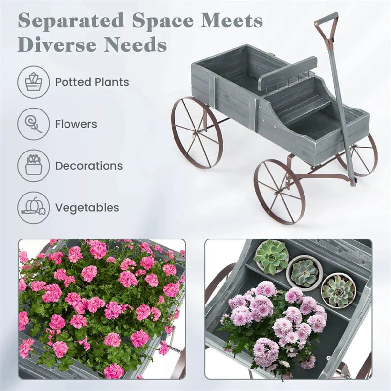 Rustic Wooden Wagon Planter, Decorative Garden Flower Cart with Metal Wheels & Adjustable Handle - Product image 43