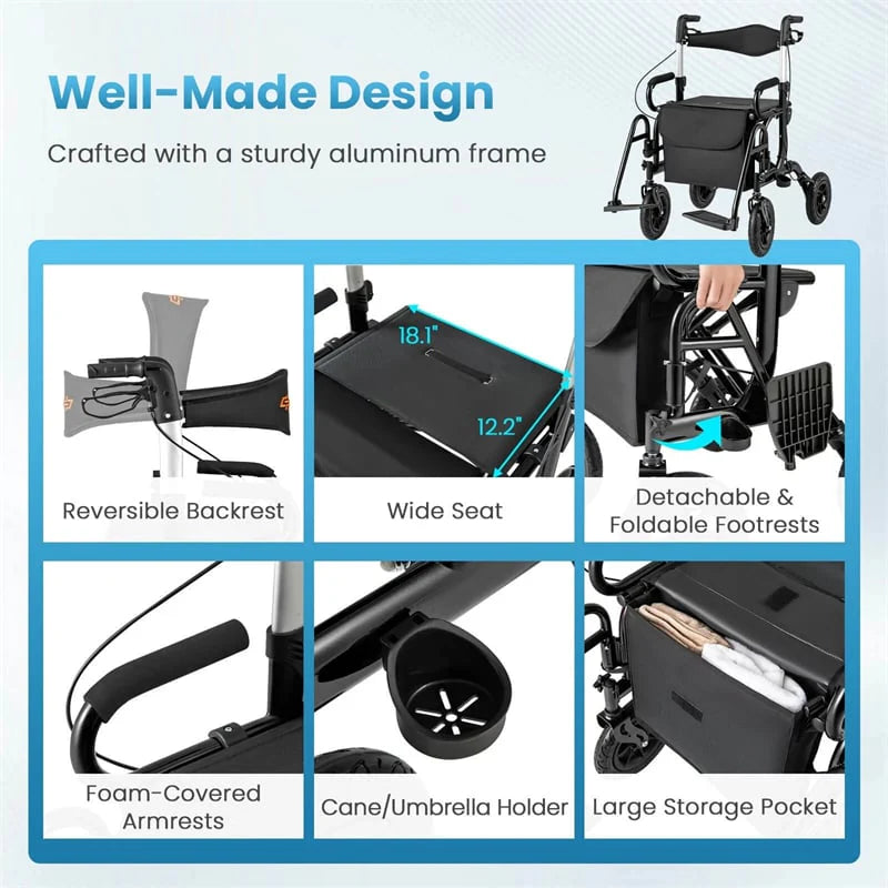 2-in-1 Folding Rollator Walker with Seat, Armrests & 9" All-Terrain Pneumatic Tires - Product image 15