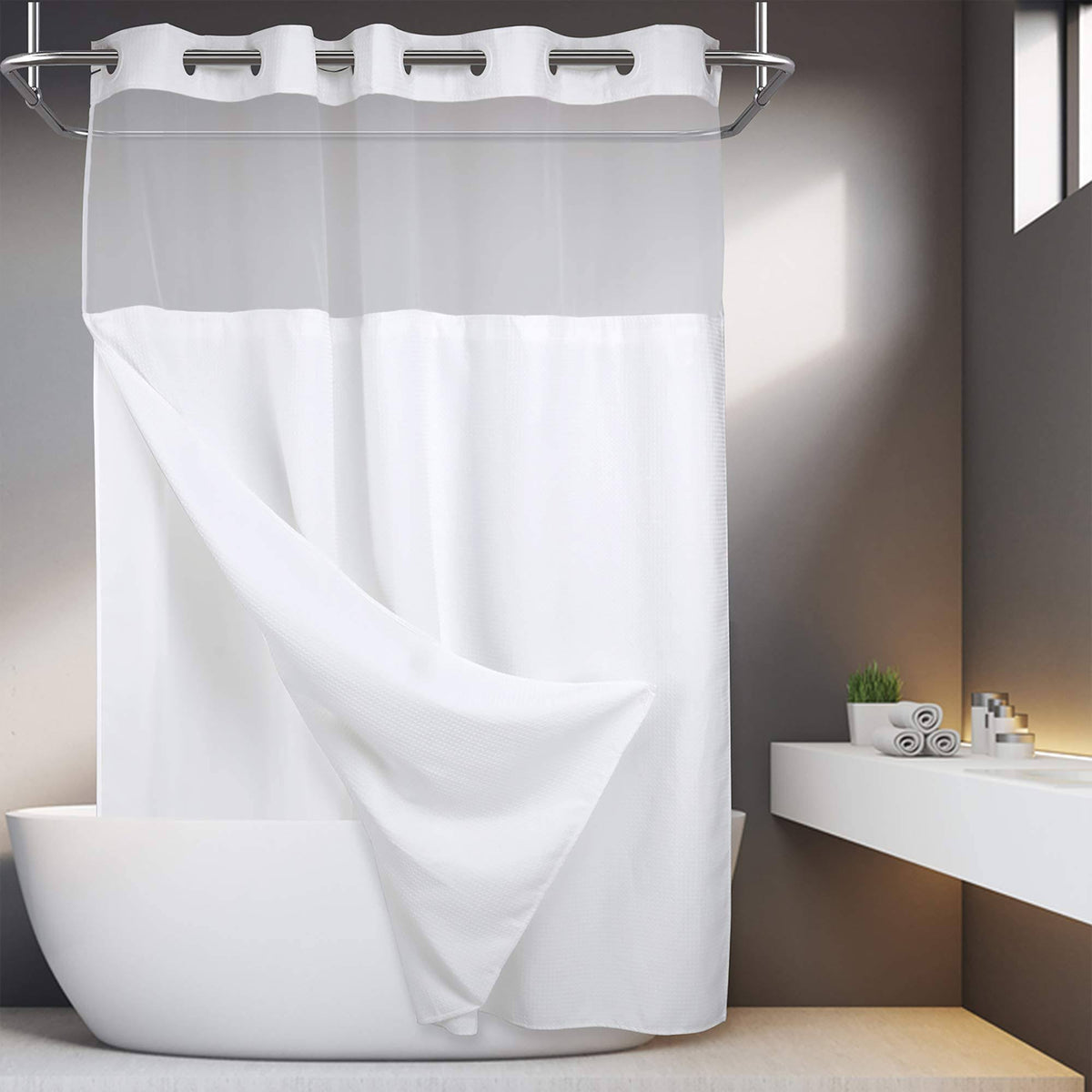 River Dream No Hooks Required Waffle Weave Shower Curtain with Snap in Liner - 71W x 74H, Hotel Grade - Product image 1