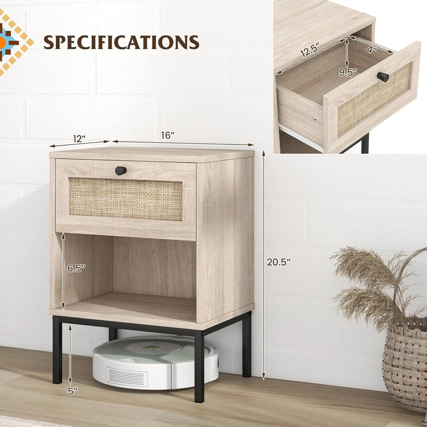 Boho Rattan End Table Nightstand Set of 2 with Drawer, Open Storage Shelf, Living Room, Bedroom, Oak - Product image 3