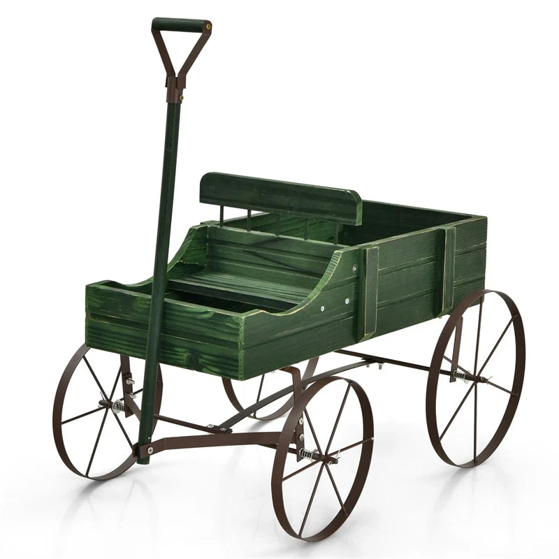 Rustic Wooden Wagon Planter, Decorative Garden Flower Cart with Metal Wheels & Adjustable Handle - Product image 27