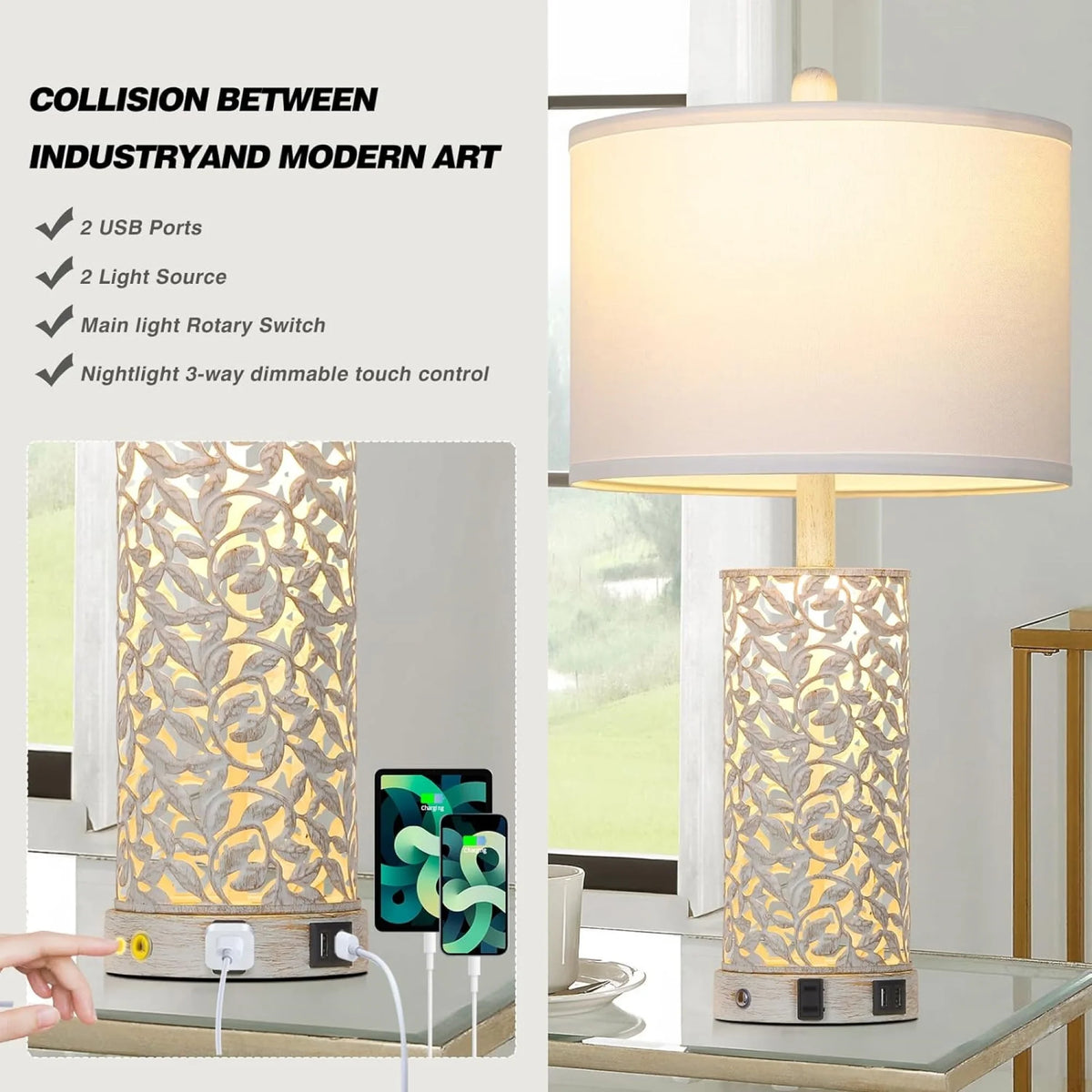 Cinkeda Table Lamp Set of 2 for Living Room Bedroom with USB Ports AC Outlet 3 Way Dimmable Touch - Product image 9