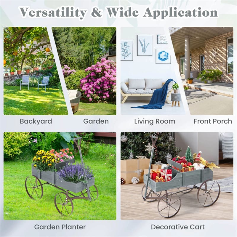 Rustic Wooden Wagon Planter, Decorative Garden Flower Cart with Metal Wheels & Adjustable Handle - Product image 46