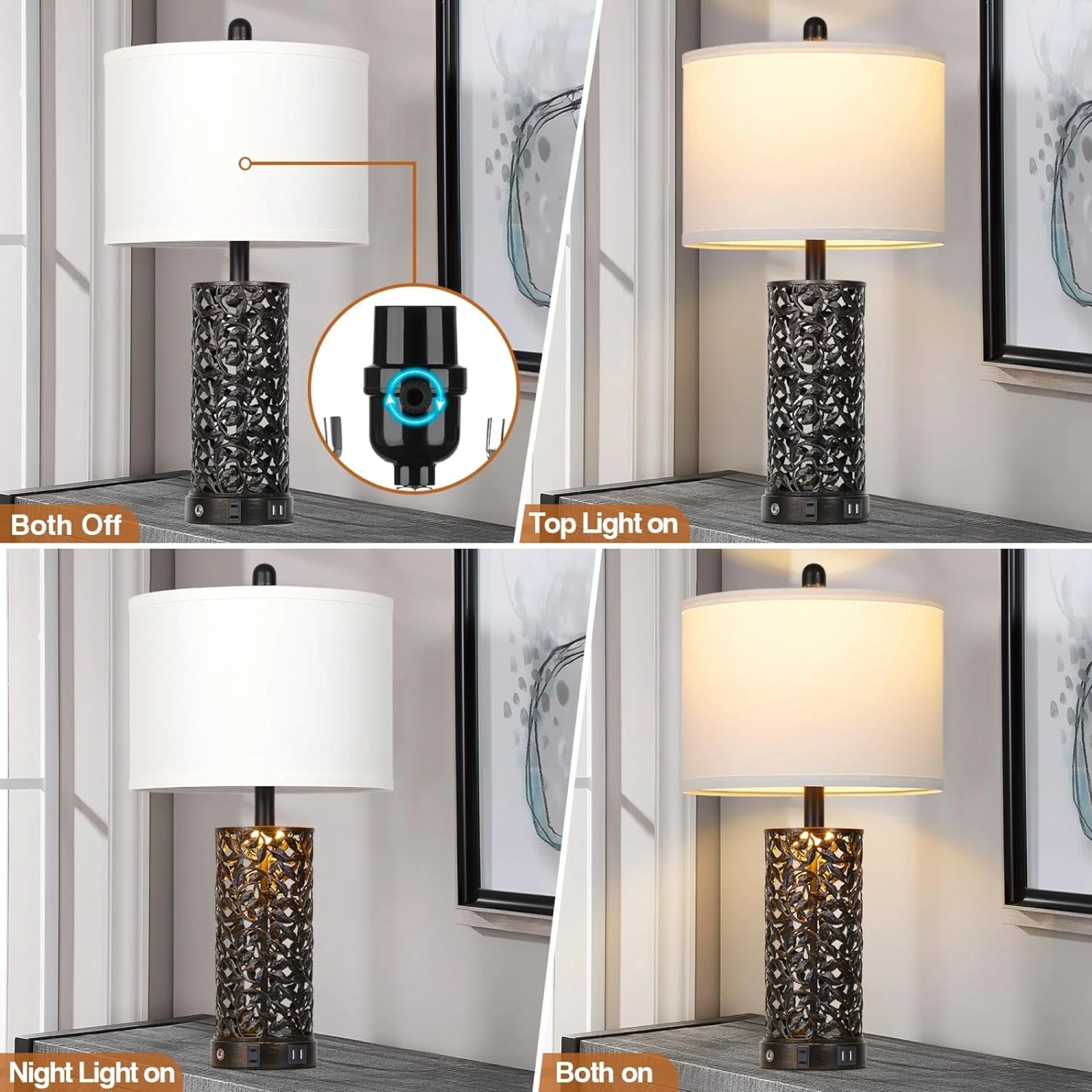 Cinkeda Table Lamp Set of 2 for Living Room Bedroom with USB Ports AC Outlet 3 Way Dimmable Touch - Product image 26