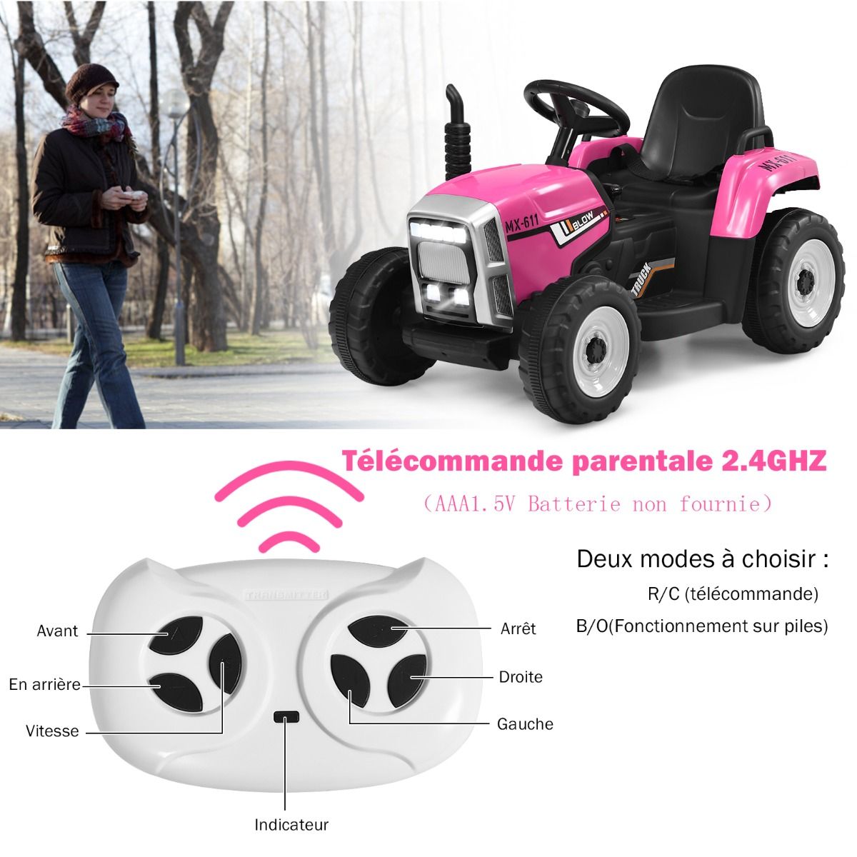 Electric Tractor with Trailer for Children 3 Speeds LED Lights Functions o USB and Bluetooth Yellow/Pink/Red/Green/Dark Green/Black -