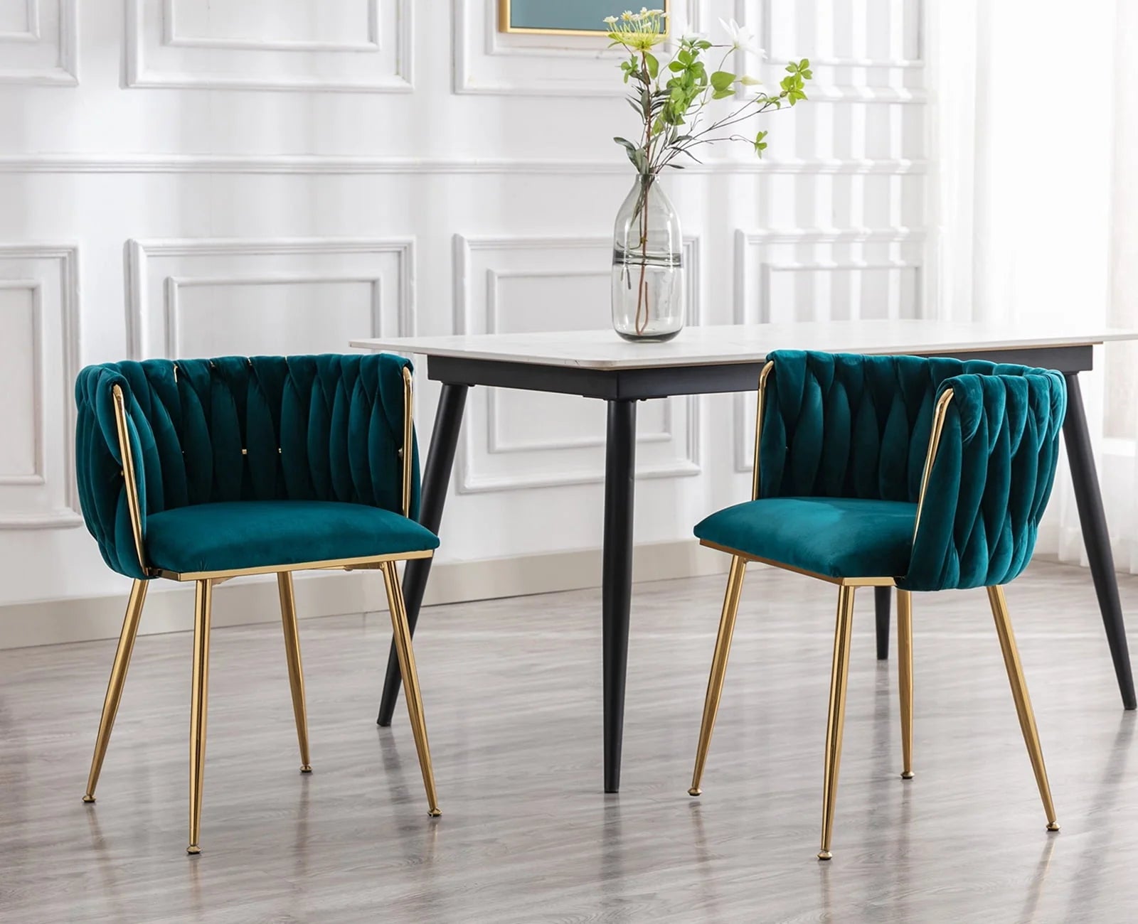 Guyou Velvet Dining Chair Set of 2, Modern Upholstered Accent Side Chair with Woven Back and Metal Legs - Product image 1