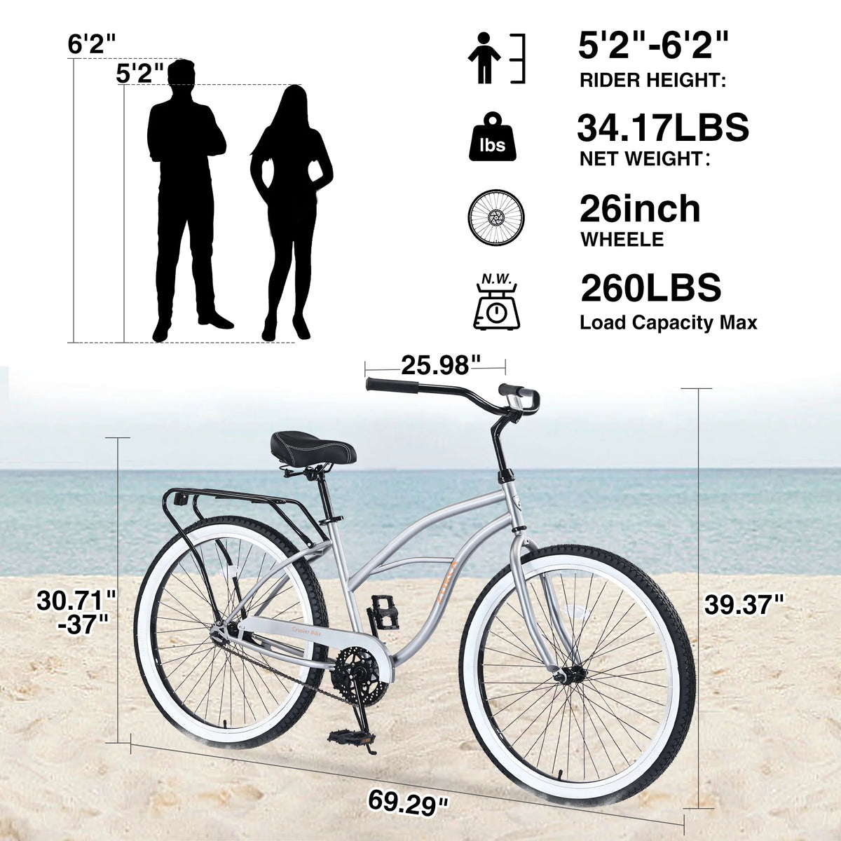 26 in Beach Cruiser Bike, Single Speed Bicycle with Steel Frame, Wide Wheels and Rear Coaster Brakes - Product image 2
