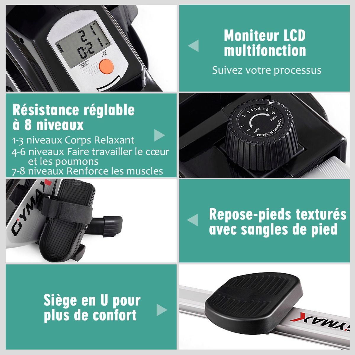 Foldable Magnetic Rowing Machine 8 Resistance Levels Digital LCD Display Weight Supported 100 KG for Home and Office -
