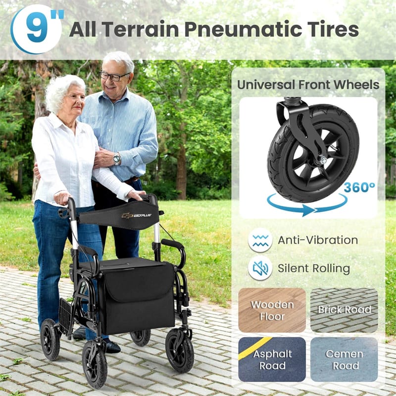 2-in-1 Folding Rollator Walker with Seat, Armrests & 9" All-Terrain Pneumatic Tires - Product image 19