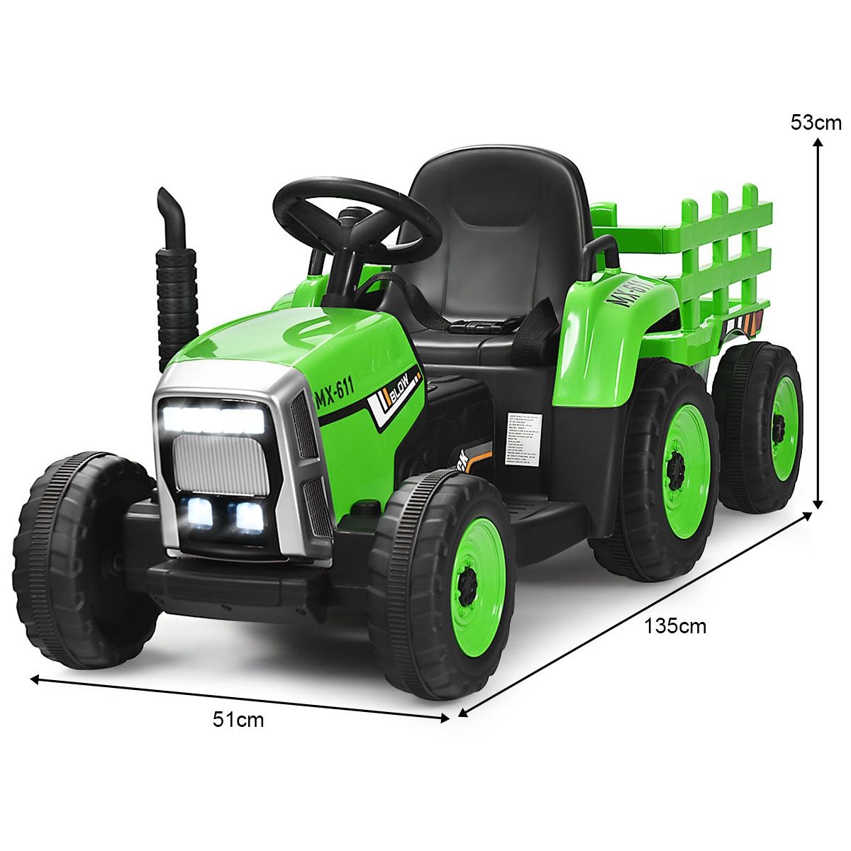 Electric Tractor with Trailer for Children 3 Speeds LED Lights Functions o USB and Bluetooth Yellow/Pink/Red/Green/Dark Green/Black -