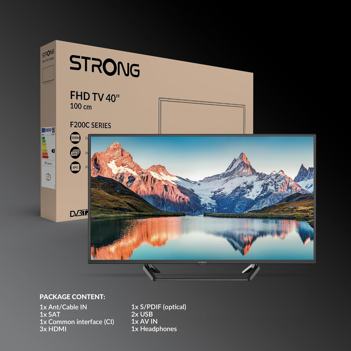 STRONG - 40 Inch (100 cm) Full HD Television SRT40FF2003C - Exceptional Image Quality - Integrated Triple Tuner - 3 HDMI Ports (1 Arc) + 2 USB + AV Ports + Antenna/Sat Socket - Black