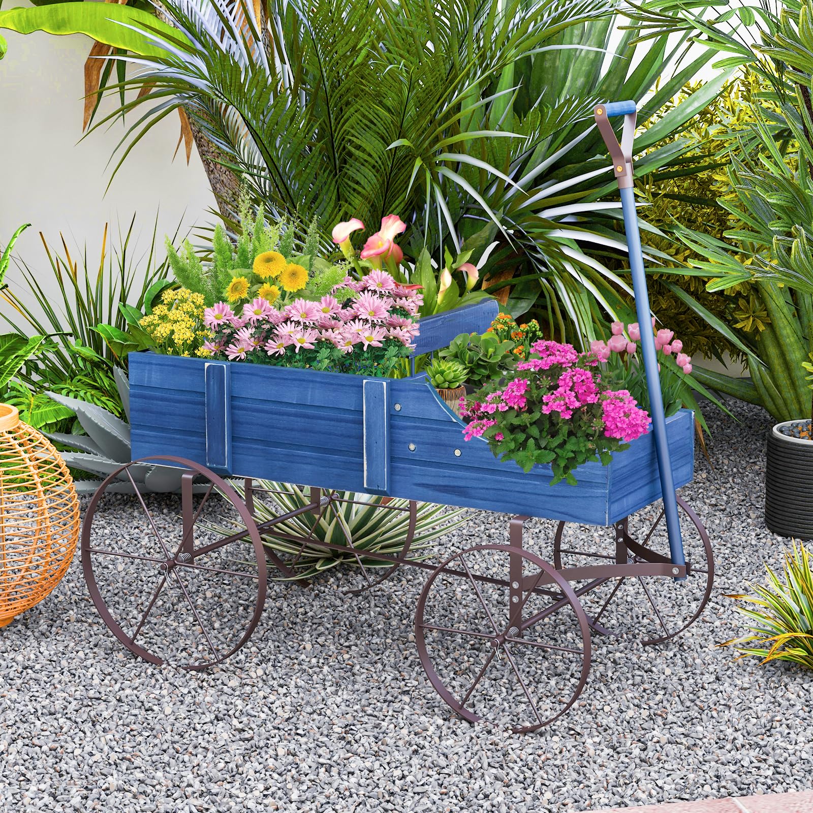 Rustic Wooden Wagon Planter, Decorative Garden Flower Cart with Metal Wheels & Adjustable Handle - Product image 2