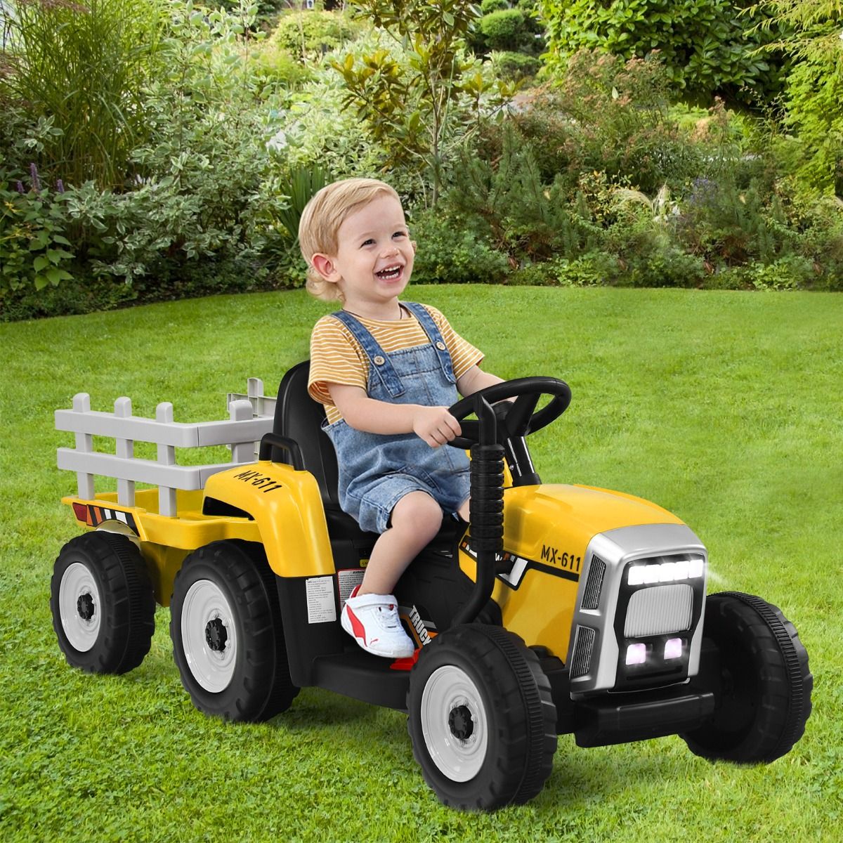 Electric Tractor with Trailer for Children 3 Speeds LED Lights Functions o USB and Bluetooth Yellow/Pink/Red/Green/Dark Green/Black -