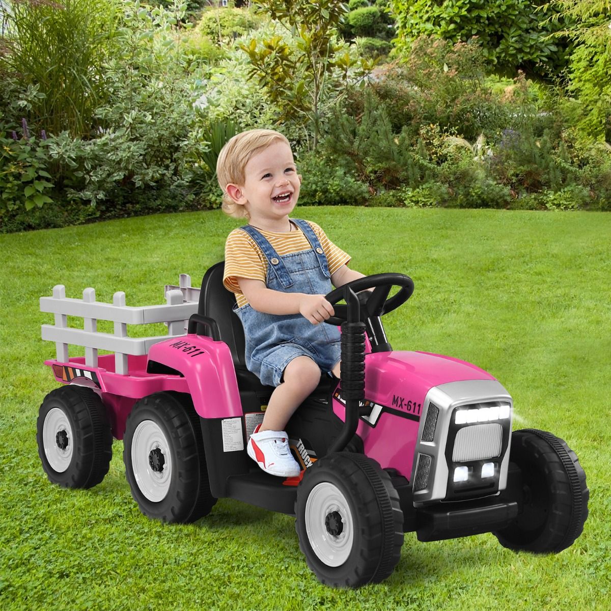 Electric Tractor with Trailer for Children 3 Speeds LED Lights Functions o USB and Bluetooth Yellow/Pink/Red/Green/Dark Green/Black -