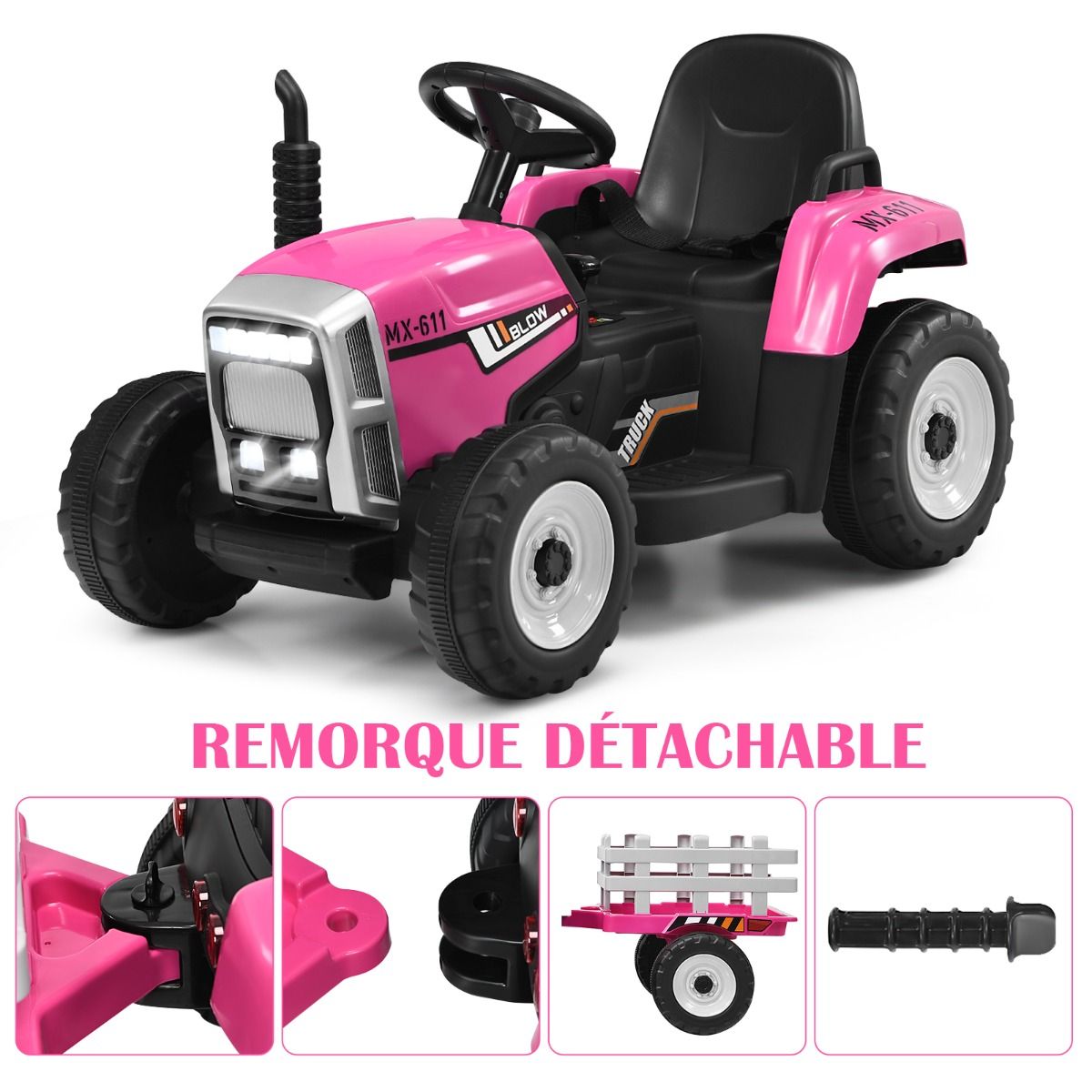 Electric Tractor with Trailer for Children 3 Speeds LED Lights Functions o USB and Bluetooth Yellow/Pink/Red/Green/Dark Green/Black -