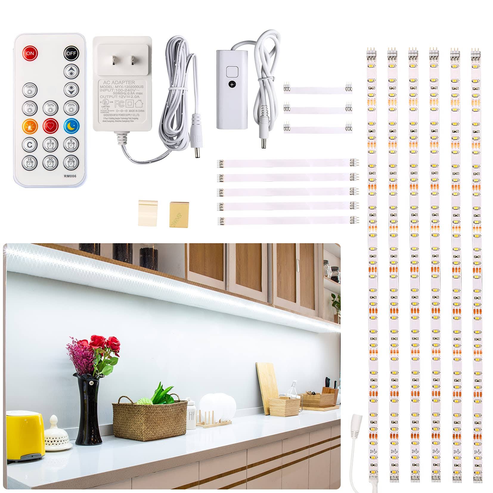 WOBANE Under Counter Light, Dimmable LED Under Cabinet Lighting, 6 Pcs LED Strip Light Bars with Remote - Product image 1