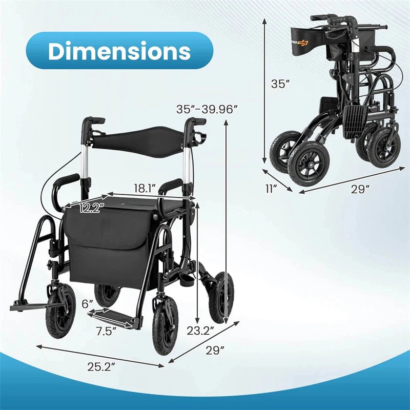 2-in-1 Folding Rollator Walker with Seat, Armrests & 9" All-Terrain Pneumatic Tires - Product image 14